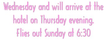 Wednesday and will arrive at the hotel on Thursday evening. Flies out Sunday at 6:30